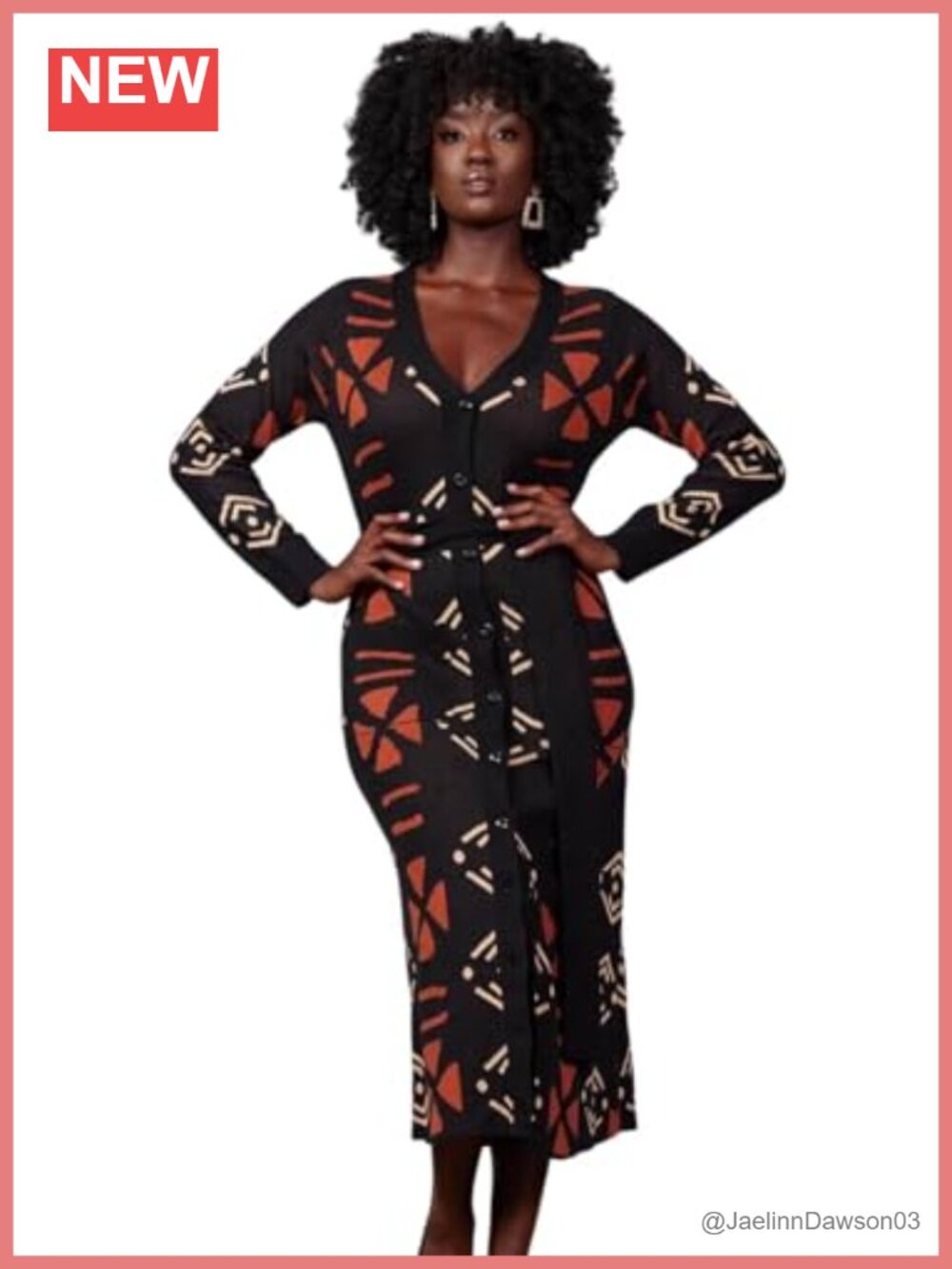 Women's African Print Cardigan Dress Belted Rib Knit Calf Length